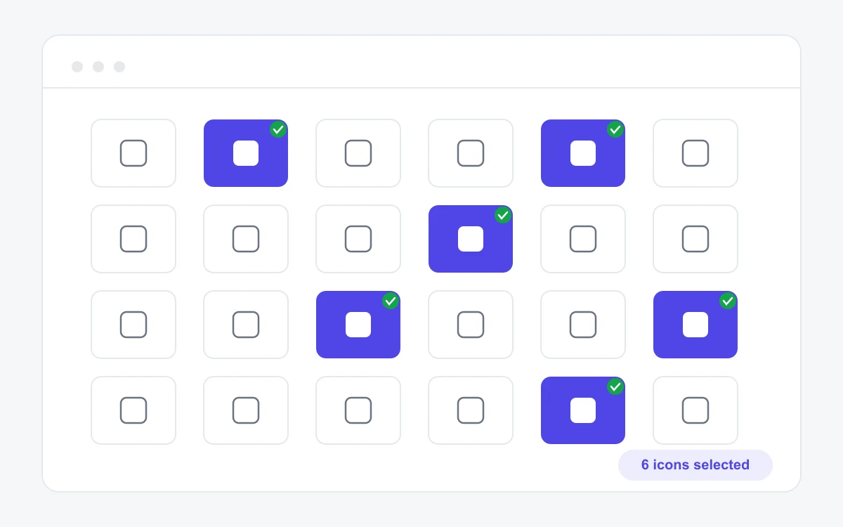 IcoMoon app step 1: selecting icons in the library grid