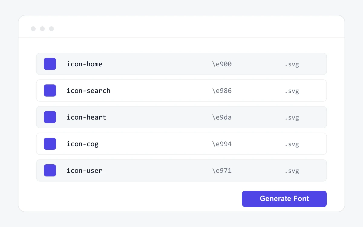 IcoMoon app step 2: reviewing glyph names and codes before generating the font